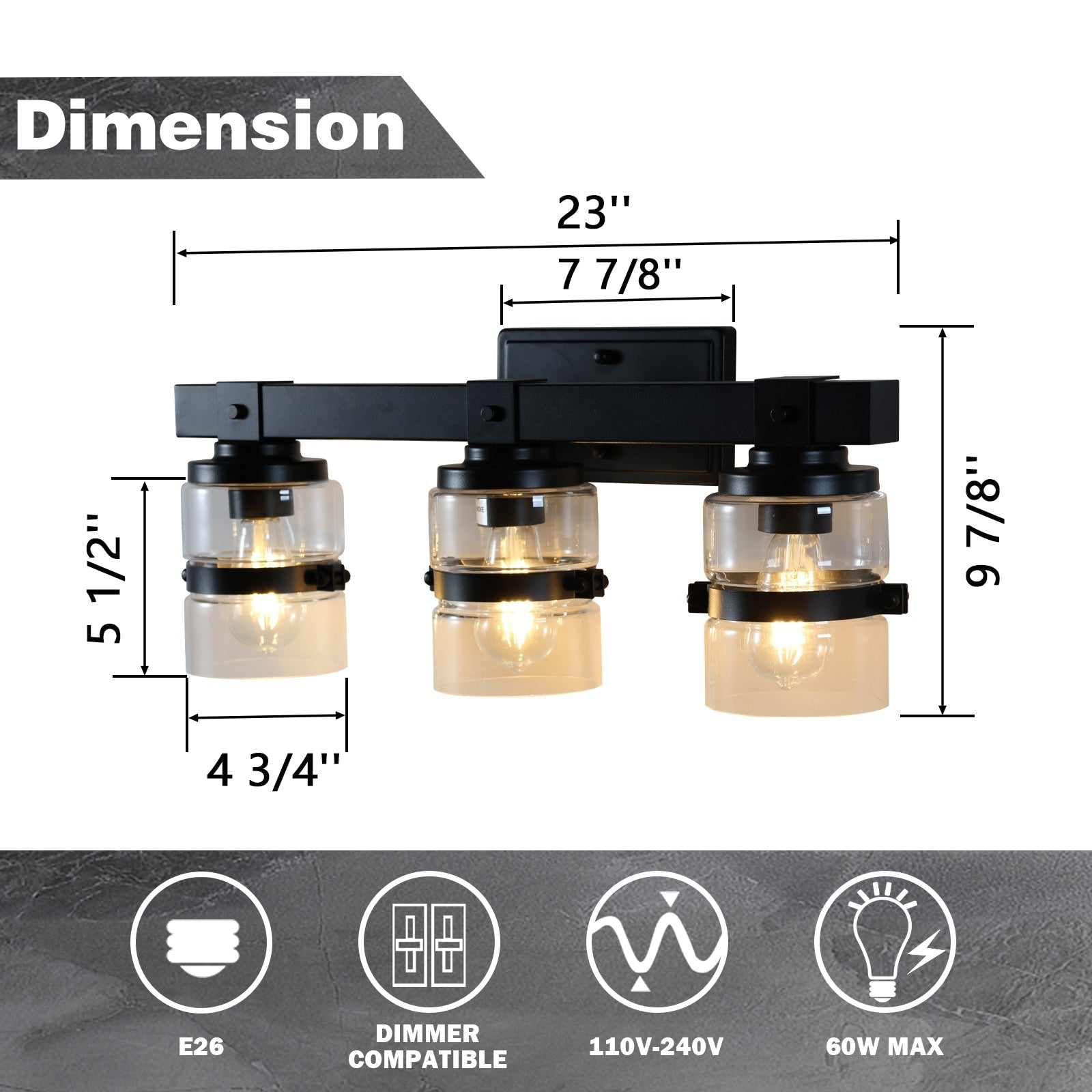 Applique murale de salle de bain ExBrite Farmhouse à 3 lumières, en fer noir à intensité variable