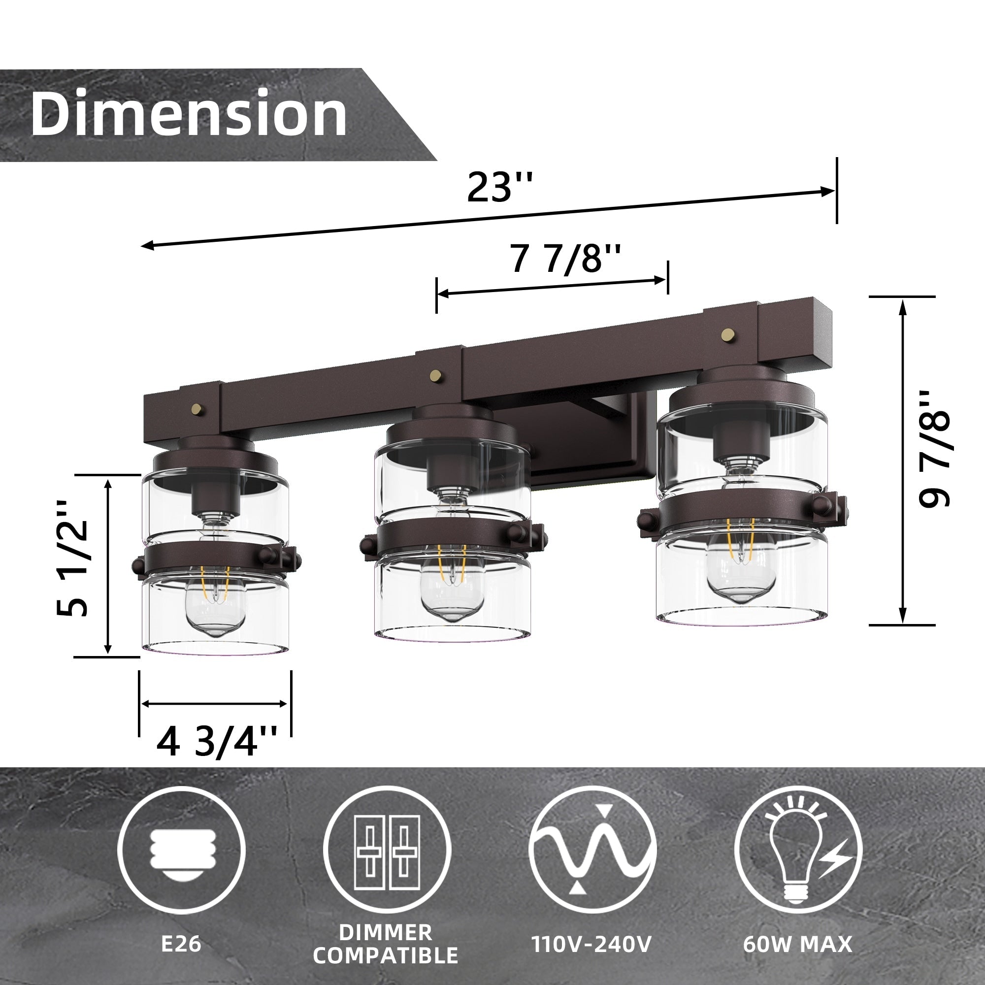 Applique murale de salle de bain ExBrite Farmhouse à 3 lumières, en fer noir à intensité variable