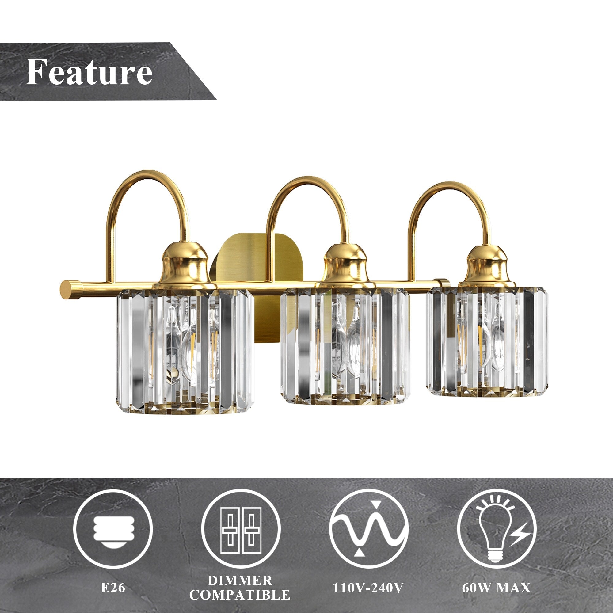 Appliques murales modernes ExBrite en cristal doré rose à 1, 2, 3, 4 ou 5 lumières pour salle de bain, à intensité variable