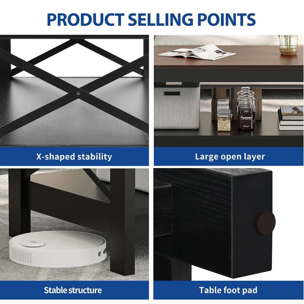 Table basse de style ferme avec rangement, table centrale à 2 niveaux pour le salon