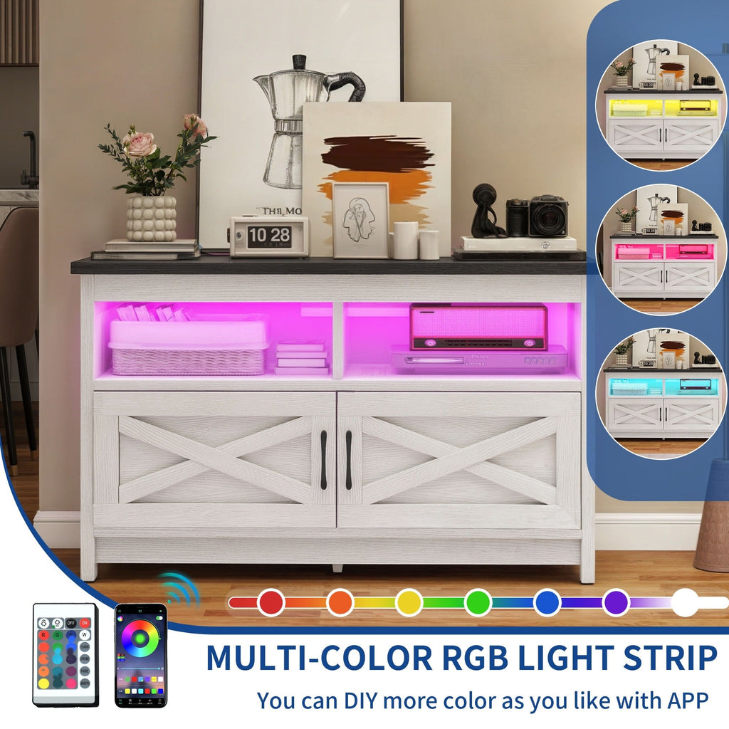 Meuble TV Farmhouse pouvant accueillir jusqu'à 65 téléviseurs avec portes et étagères ouvertes Console multimédia Prise de courant