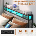 Cadre de lit plateforme en bois de style ferme avec station de charge et lumières LED