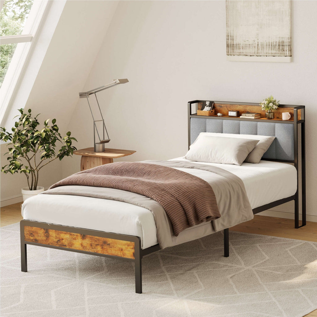 Cadre de lit plateforme en métal pour lit simple, double, queen ou king size avec tête de lit rembourrée et rangement