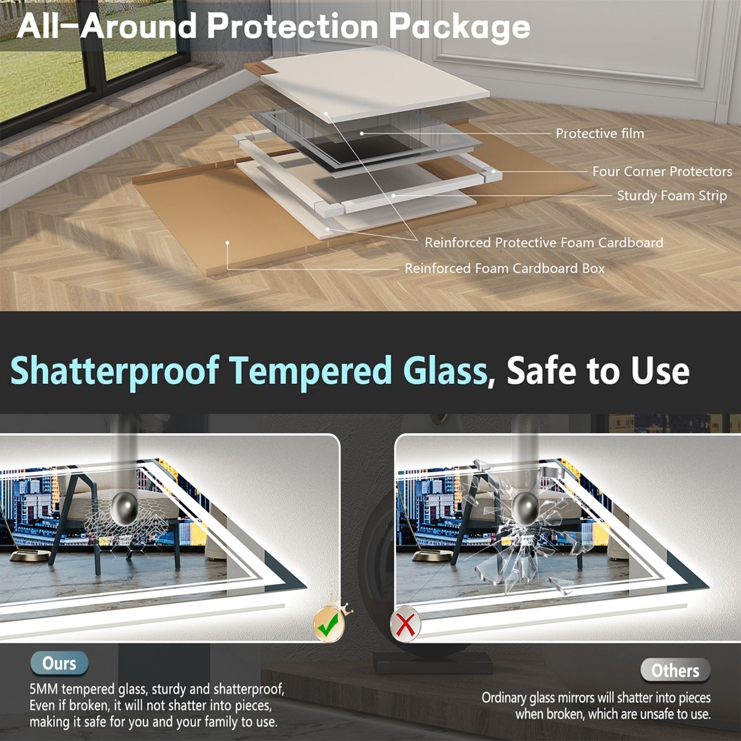 Miroir de salle de bain mural en verre trempé antibuée avec éclairage LED avant et arrière pleine grandeur