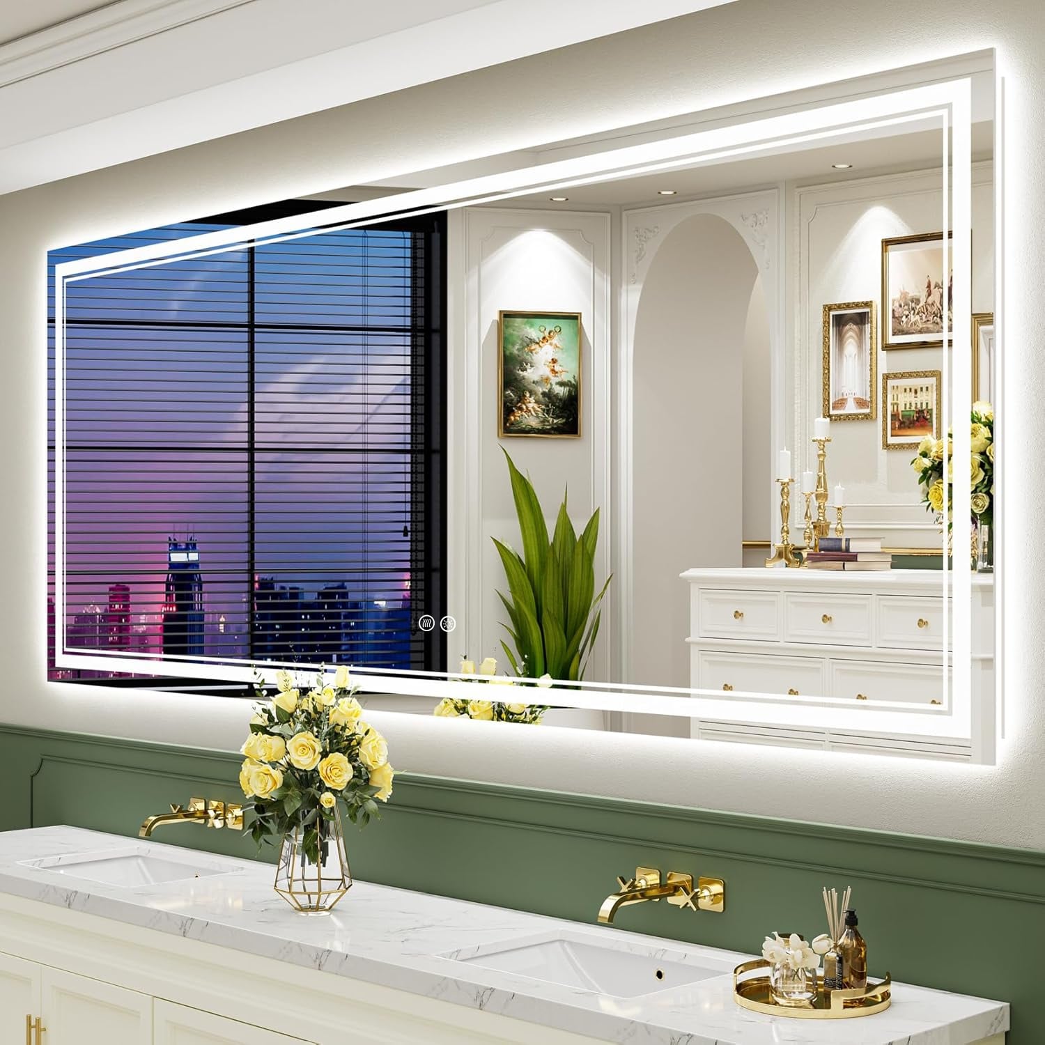 Miroir de salle de bain mural en verre trempé antibuée avec éclairage LED avant et arrière pleine grandeur