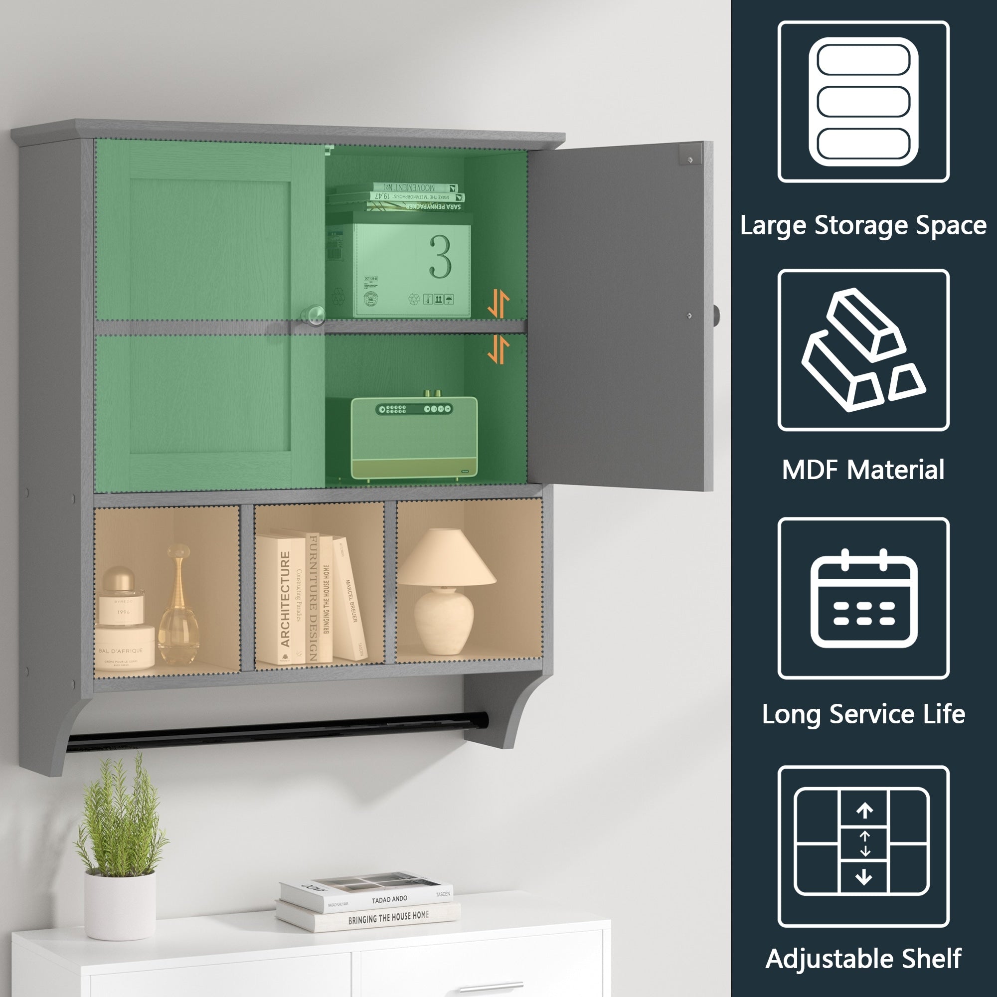 Meuble de salle de bain Futzca mural, meuble de rangement avec portes et étagères