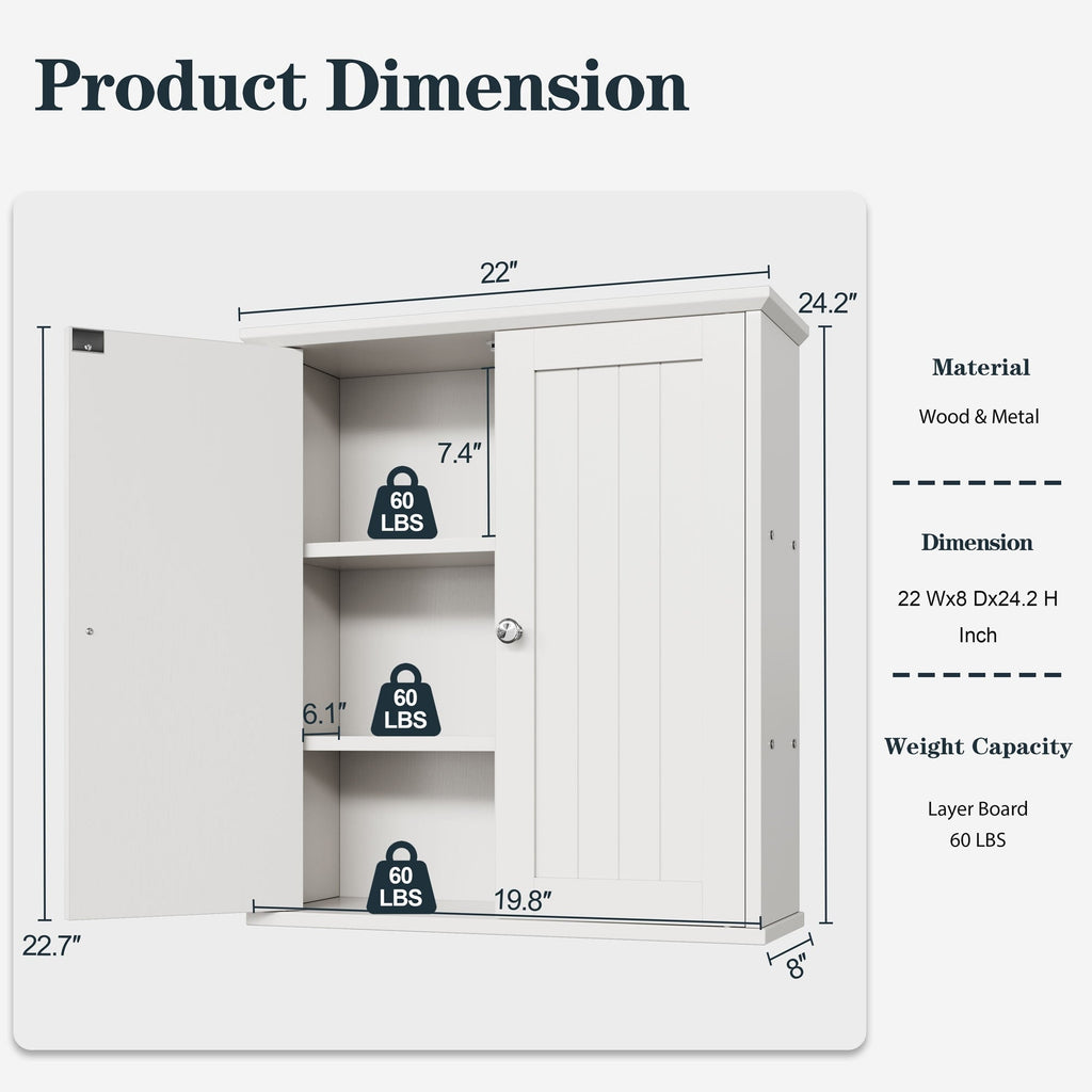 Meuble de salle de bain Futzca mural, meuble de rangement avec portes et étagères