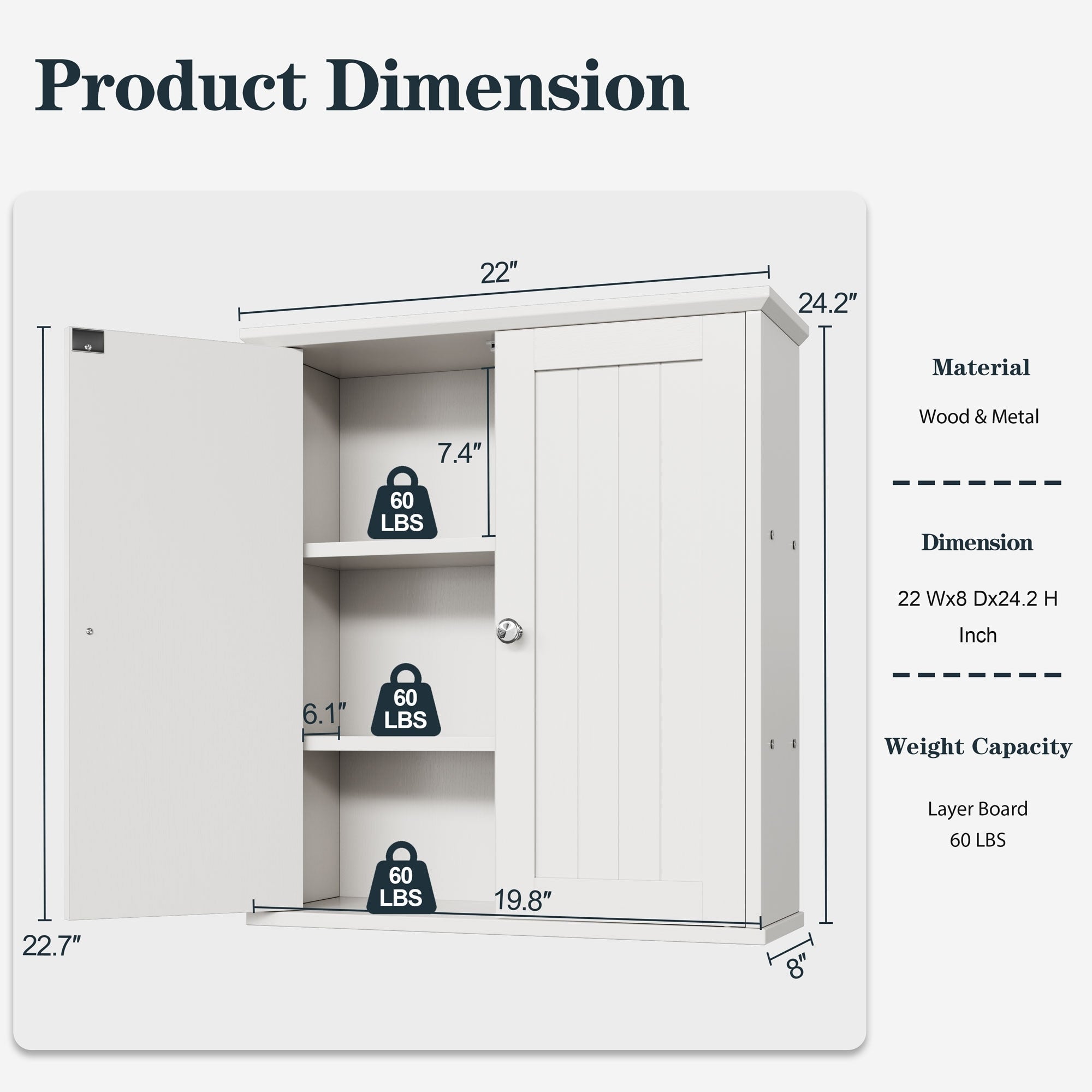 Meuble de salle de bain Futzca mural, meuble de rangement avec portes et étagères