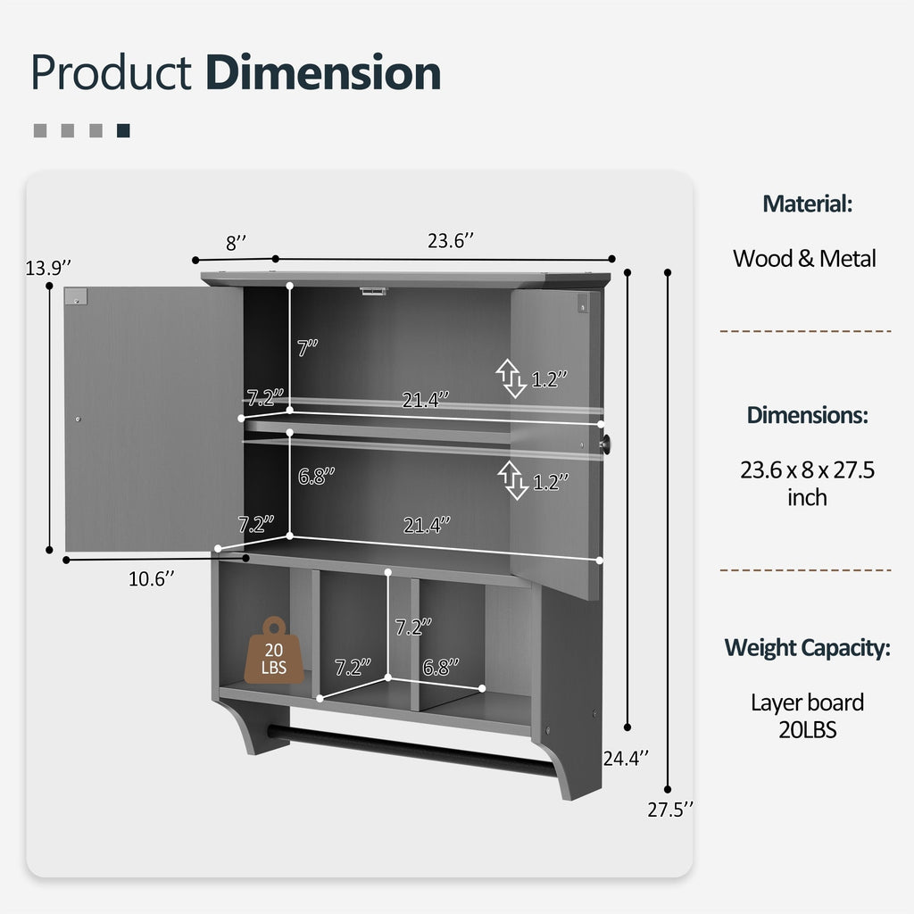 Meuble de salle de bain Futzca mural, meuble de rangement avec portes et étagères