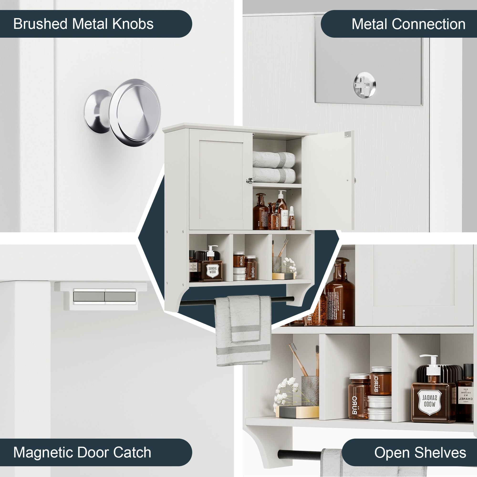 Meuble de salle de bain Futzca mural, meuble de rangement avec portes et étagères