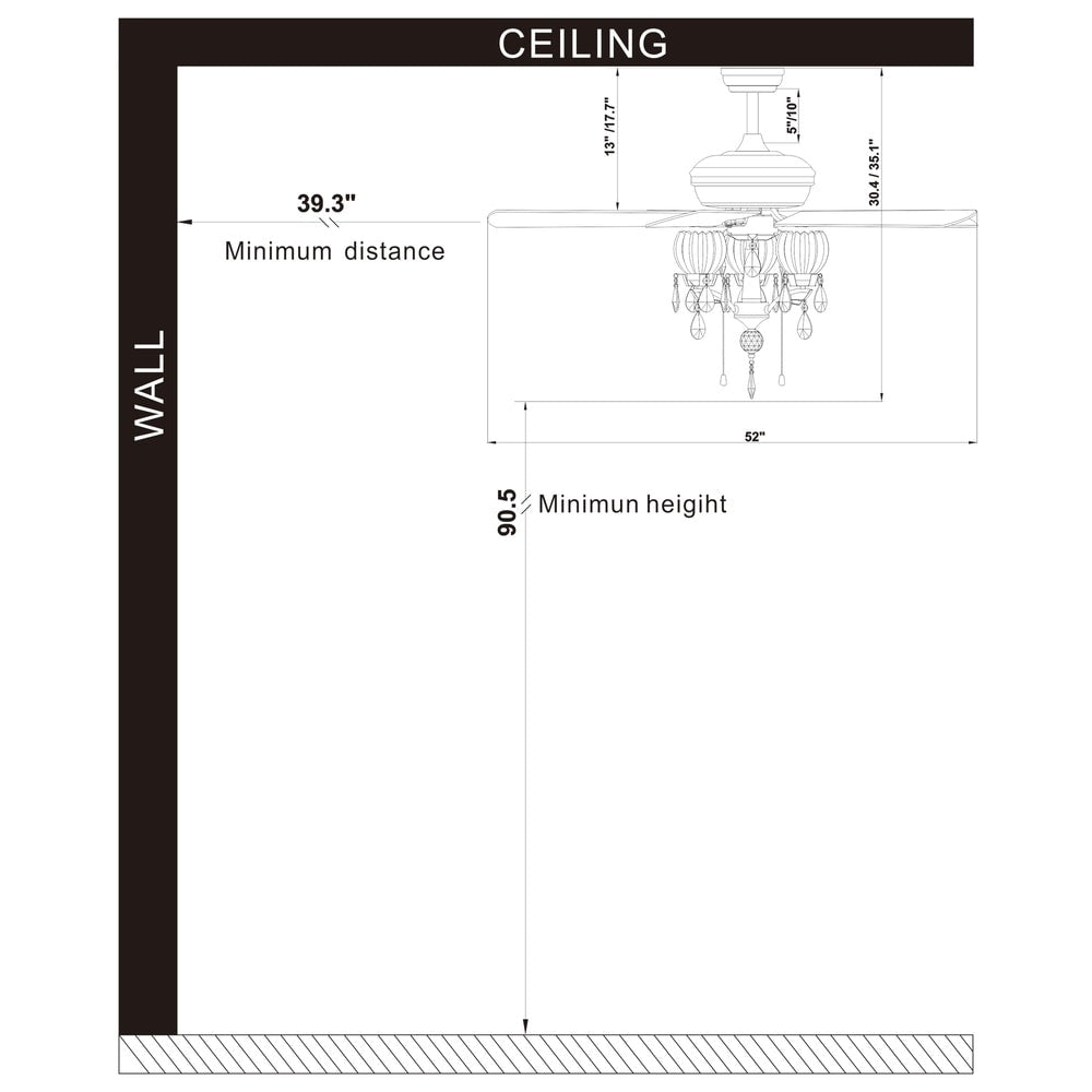 Ventilateur de plafond Garlow noir mat à 5 pales avec lustre en cristal et coupelles en forme de fleurs (télécommande incluse) - 52 pouces de diamètre