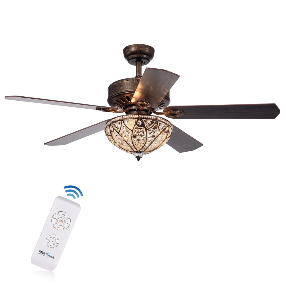 Ventilateur de plafond éclairé à 5 pales en bronze rustique Gliska avec abat-jour en cristal