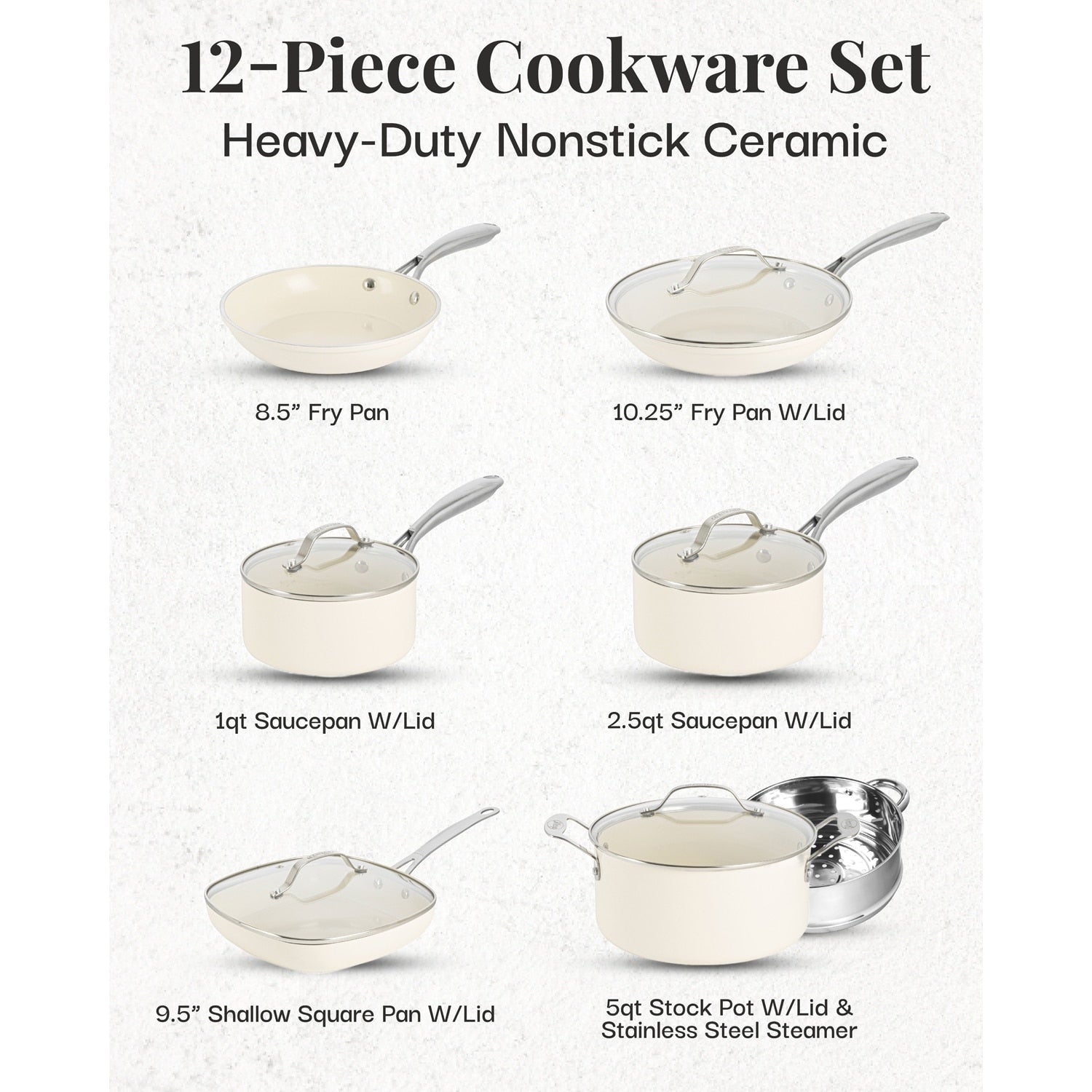 Batterie de cuisine Gotham Steel Cream 12 pièces, casseroles et poêles, en céramique ultra antiadhésive avec poignées isolantes