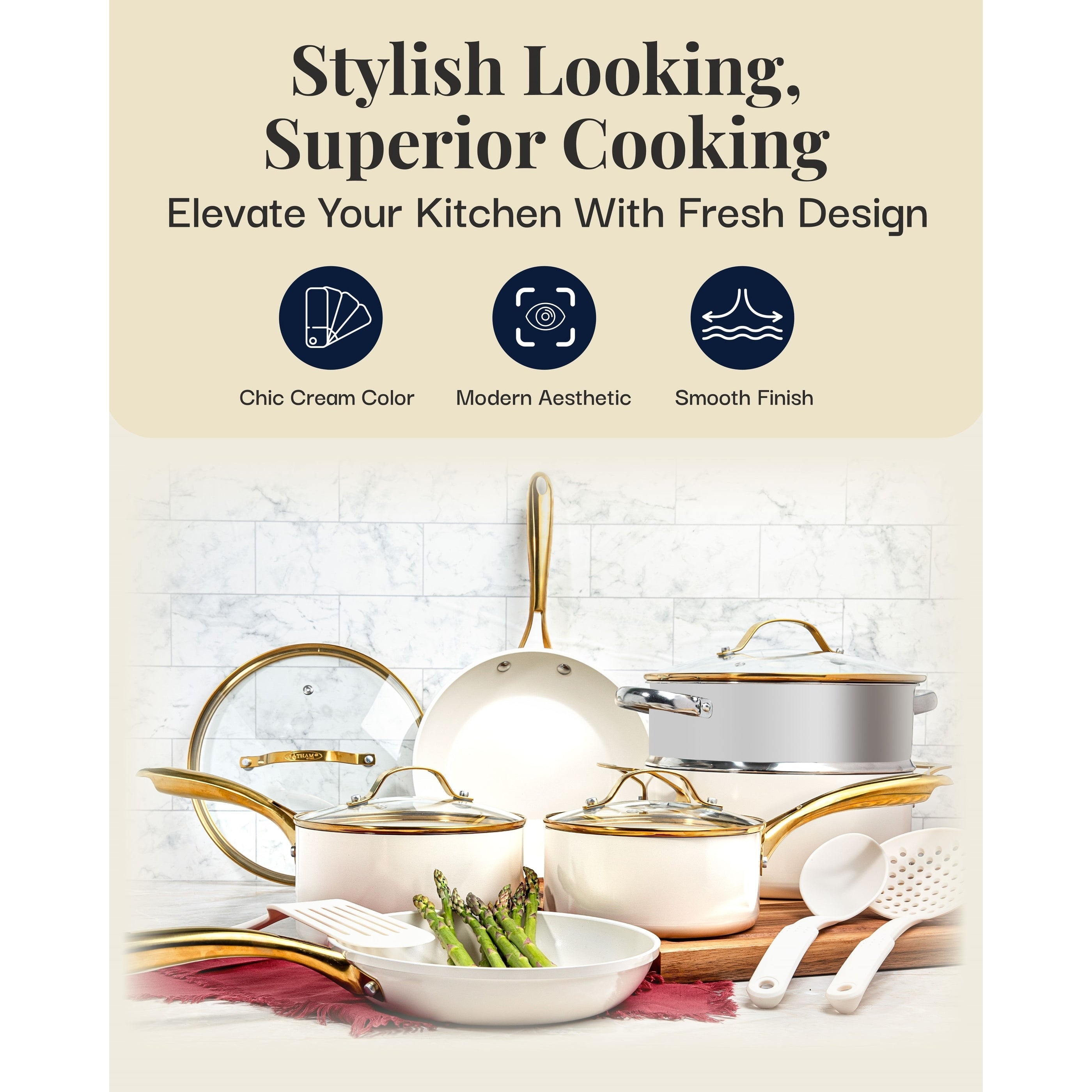 Batterie de cuisine antiadhésive en céramique Gotham Steel Cream, 15 pièces, avec ustensiles