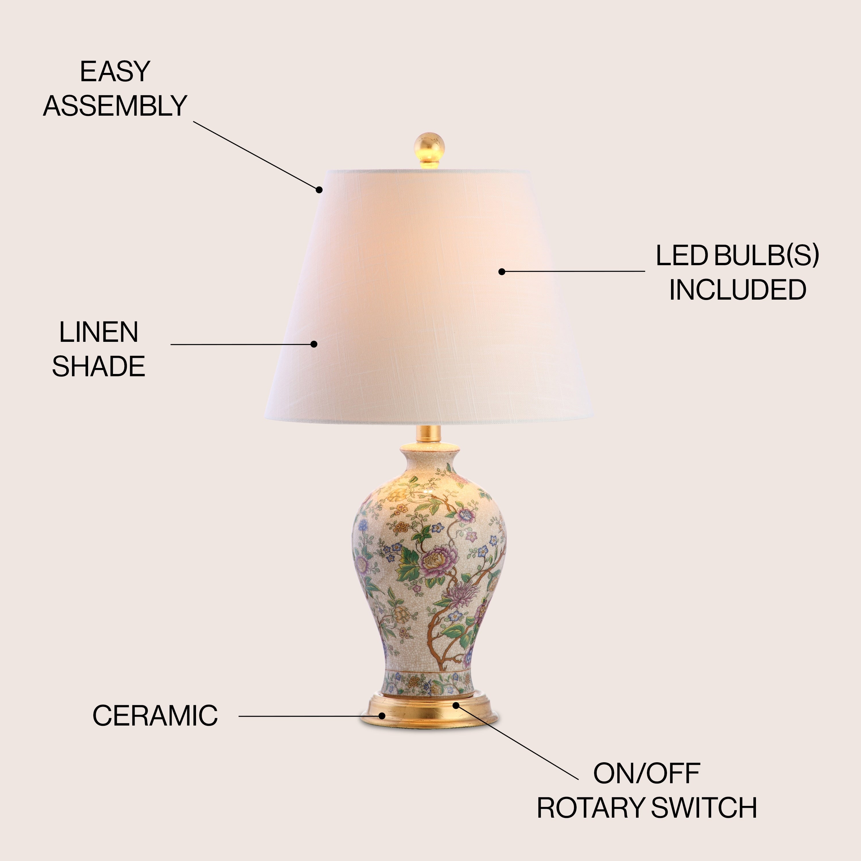 Lampe de table LED Grace 24 Floral, multicolore/laiton par JONATHAN Y