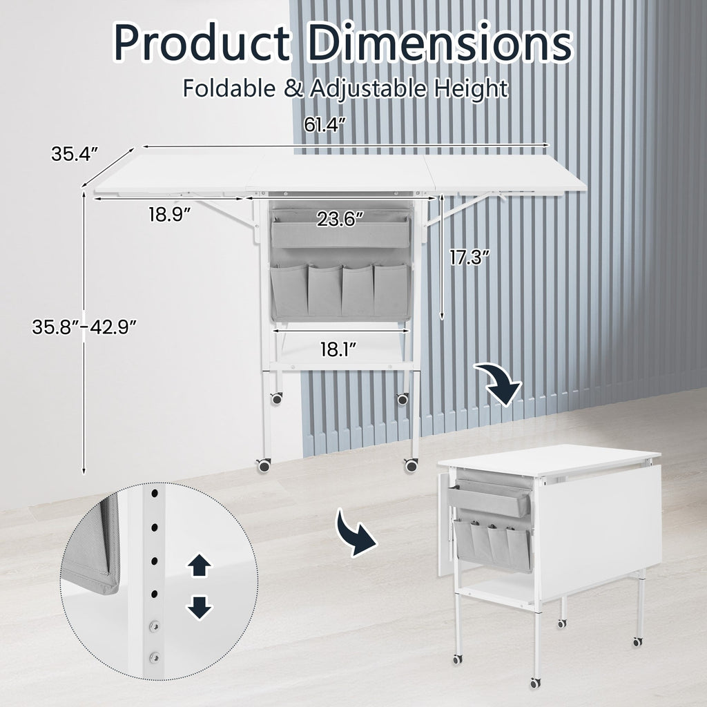 Table de bricolage réglable en hauteur avec étagères de rangement, table de découpe pliante mobile pour la maison, le bureau, la salle de couture et la salle d'artisanat