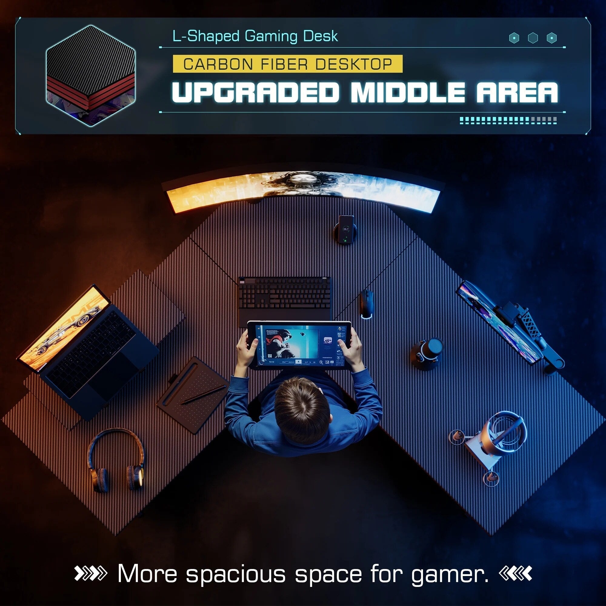 Bureau de jeu en L Homall, bureau d'angle pour ordinateur, bureau d'écriture