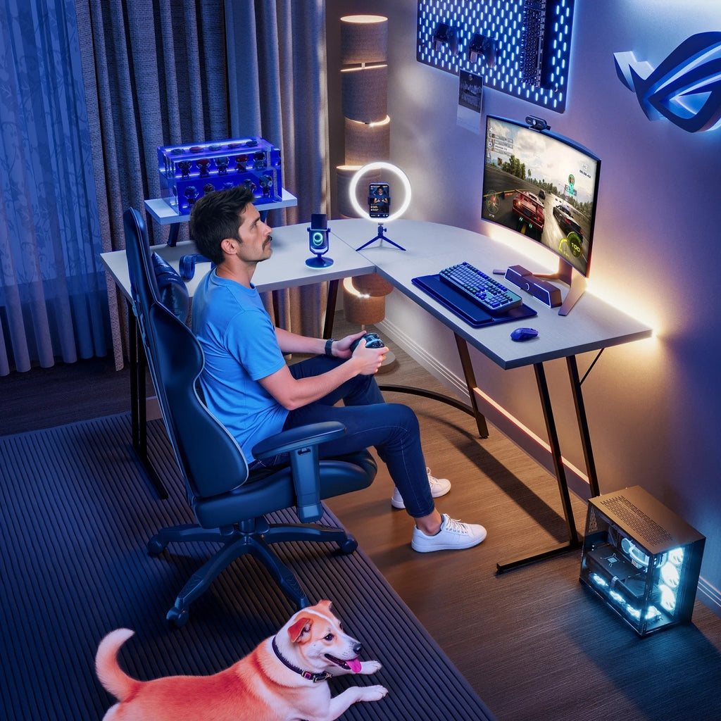 Bureau de jeu en L Homall, bureau d'angle pour ordinateur, bureau d'écriture