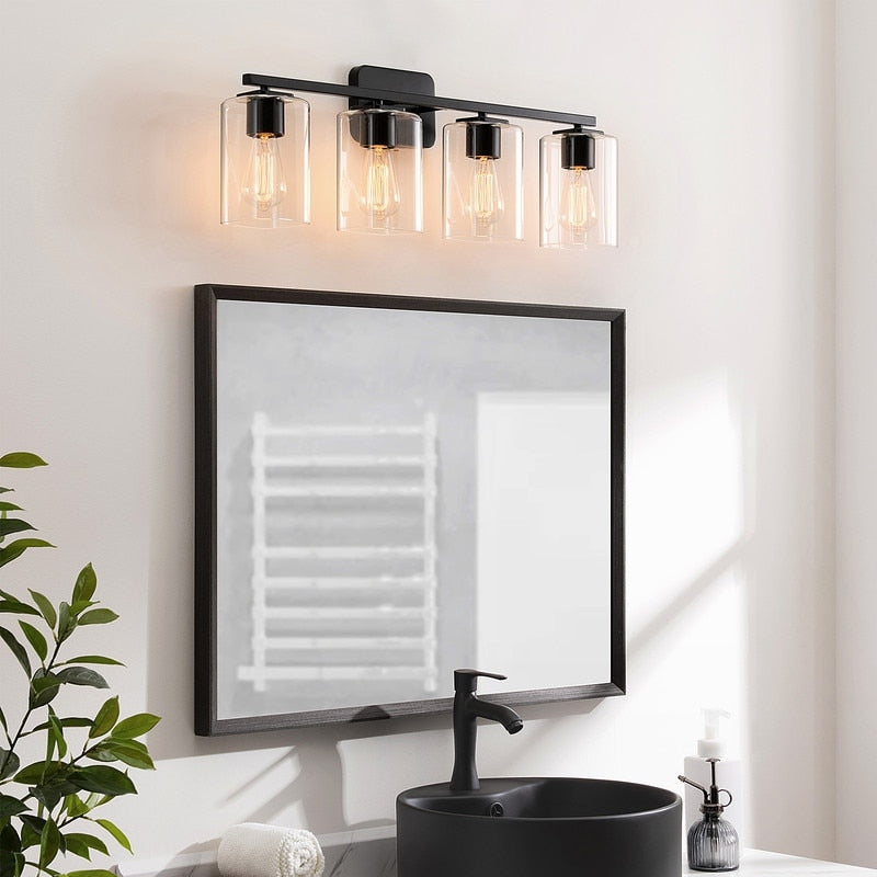 KAWOTI Lampe de salle de bain moderne à 4 lumières de 29 pouces avec abat-jour en verre transparent