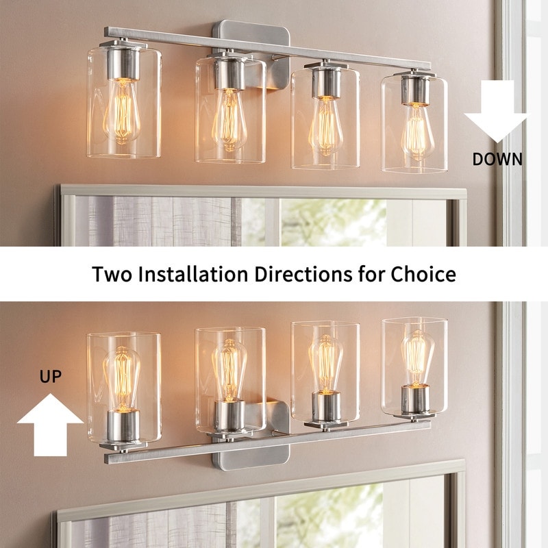 KAWOTI Lampe de salle de bain moderne à 4 lumières de 29 pouces avec abat-jour en verre transparent