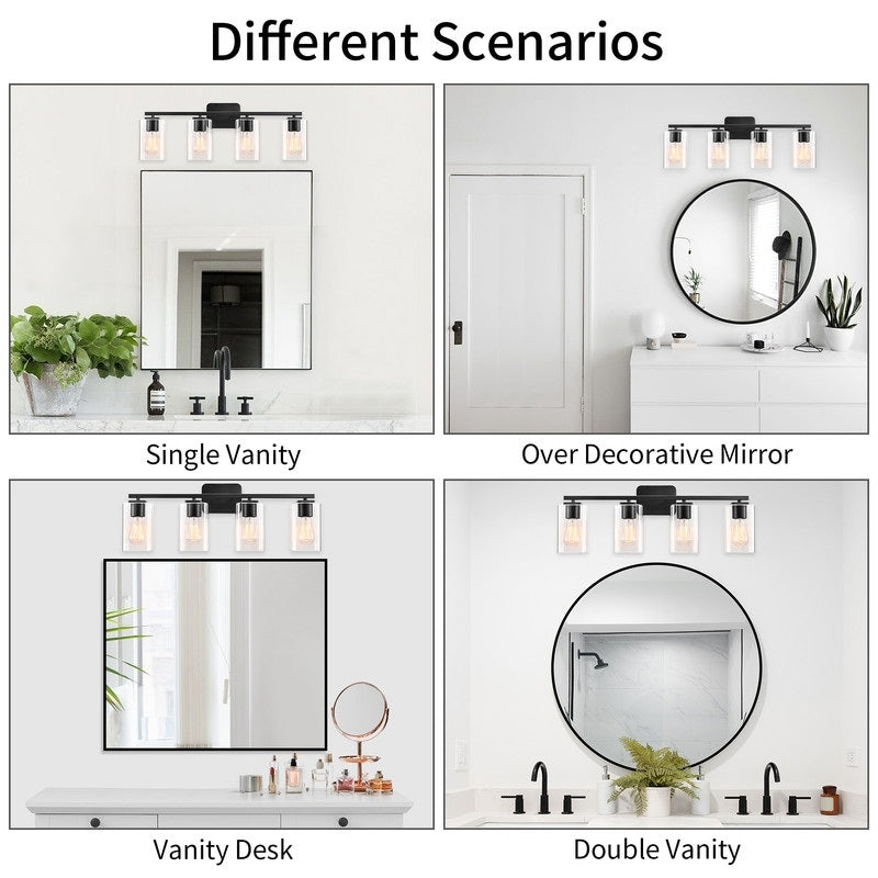 KAWOTI Lampe de salle de bain moderne à 4 lumières de 29 pouces avec abat-jour en verre transparent