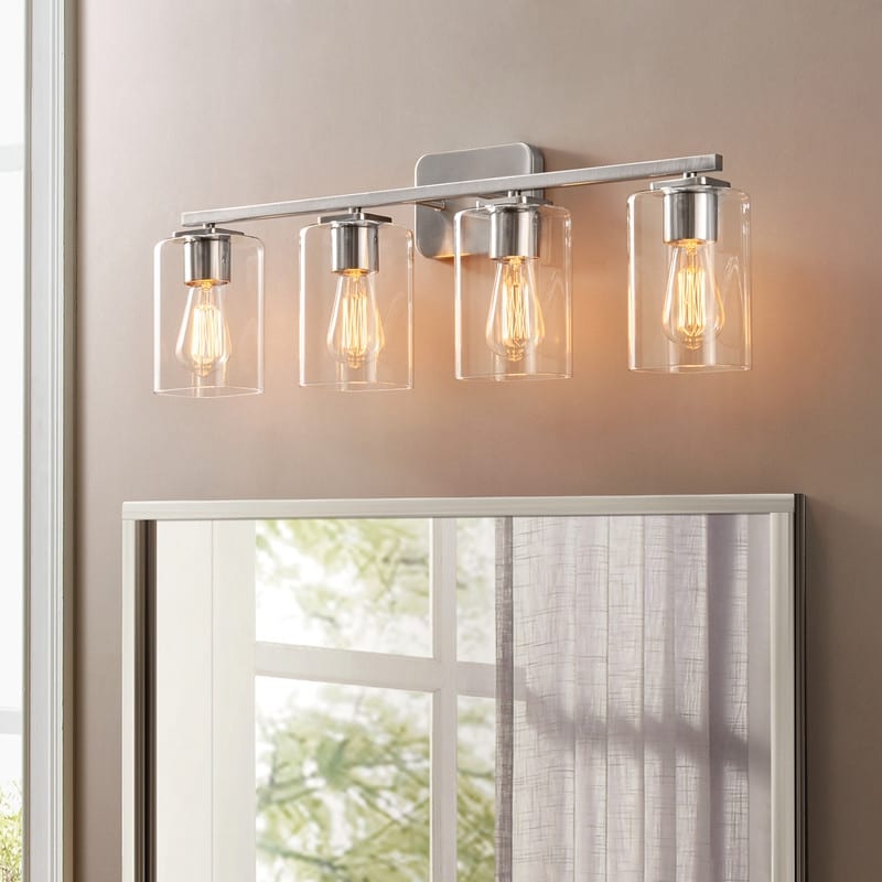 KAWOTI Lampe de salle de bain moderne à 4 lumières de 29 pouces avec abat-jour en verre transparent