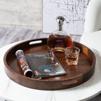 Plateau de service rond en bois de noyer noir KINWELL Plateau ottoman avec poignées