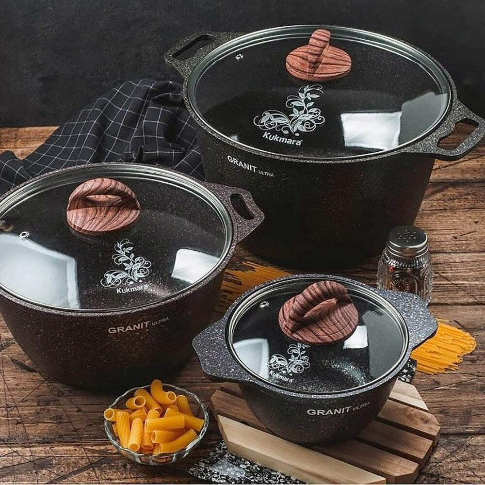 Marmite antiadhésive en aluminium et marbre KUKMARA Granit Ultra avec couvercle en verre