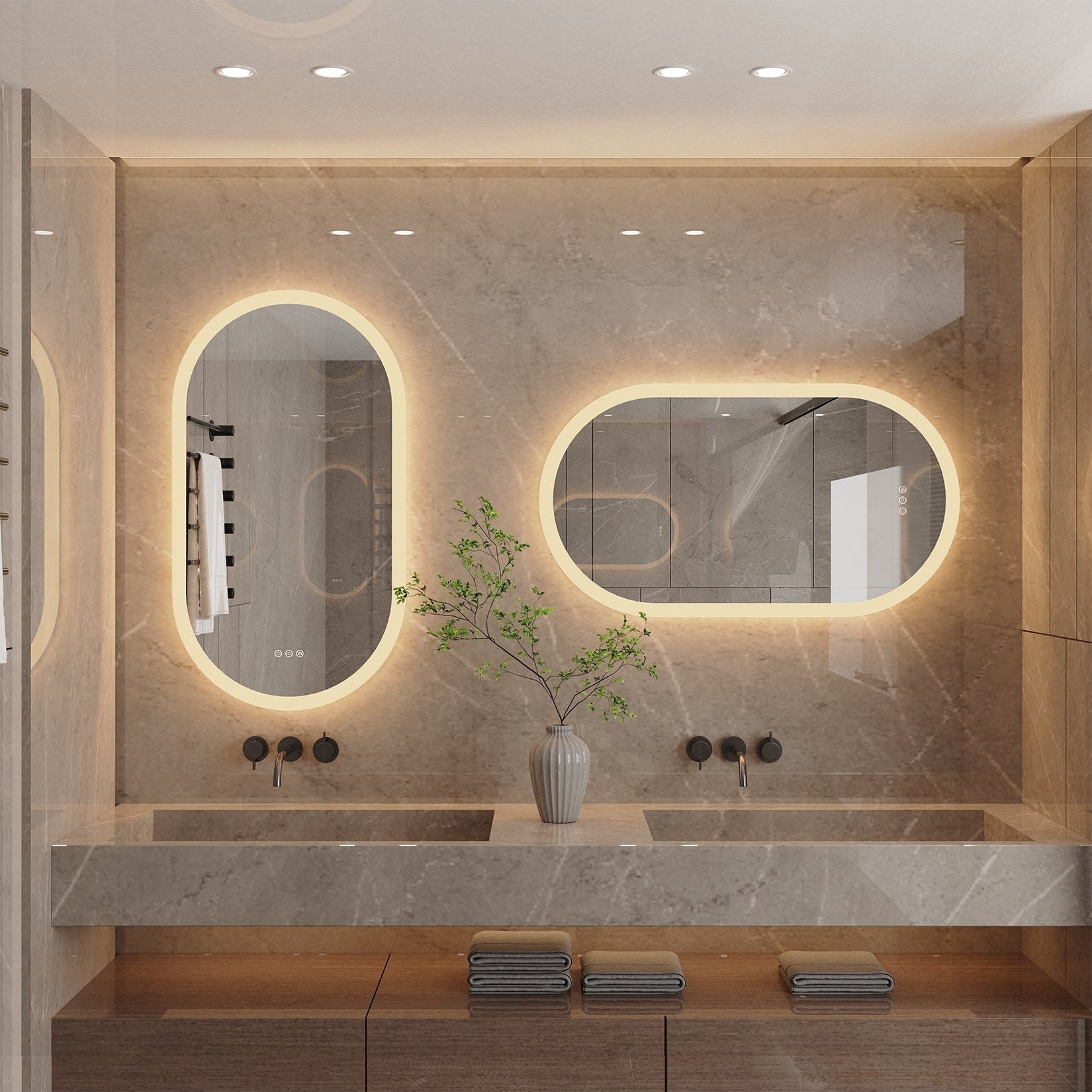 Grand miroir mural de salle de bain ovale sans cadre à LED, rétroéclairé à 3 niveaux, antibuée