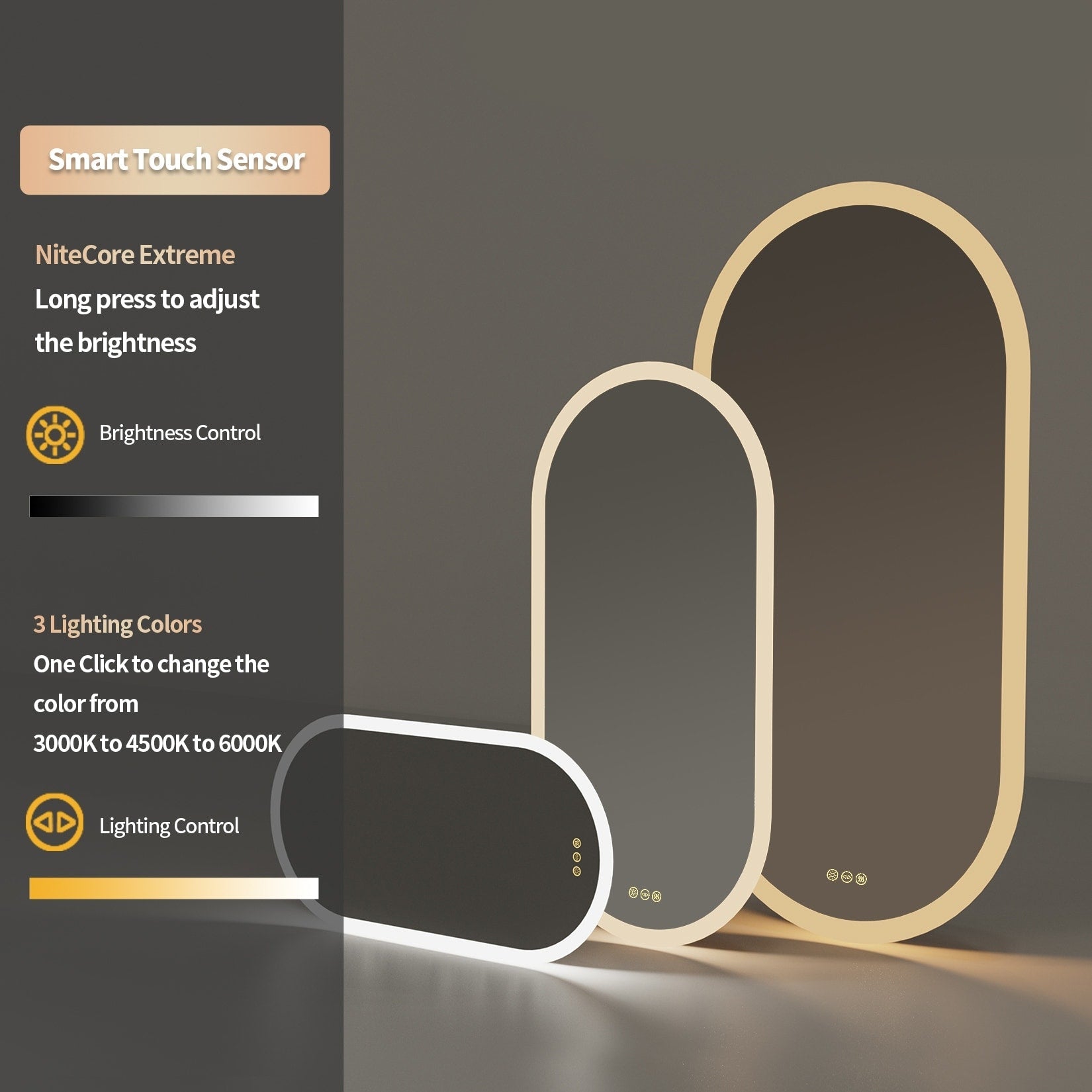 Grand miroir mural de salle de bain ovale sans cadre à LED, rétroéclairé à 3 niveaux, antibuée