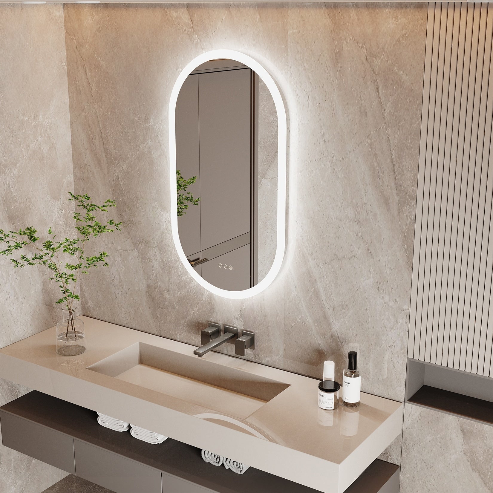 Grand miroir mural de salle de bain ovale sans cadre à LED, rétroéclairé à 3 niveaux, antibuée