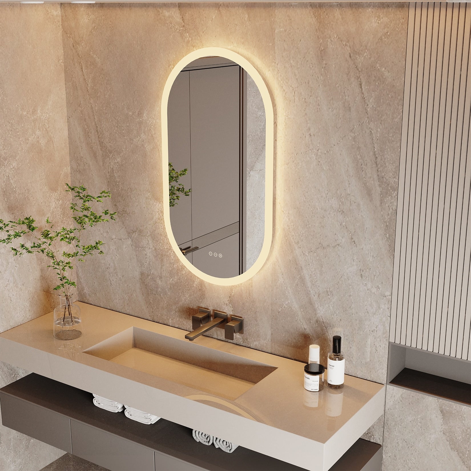 Grand miroir mural de salle de bain ovale sans cadre à LED, rétroéclairé à 3 niveaux, antibuée