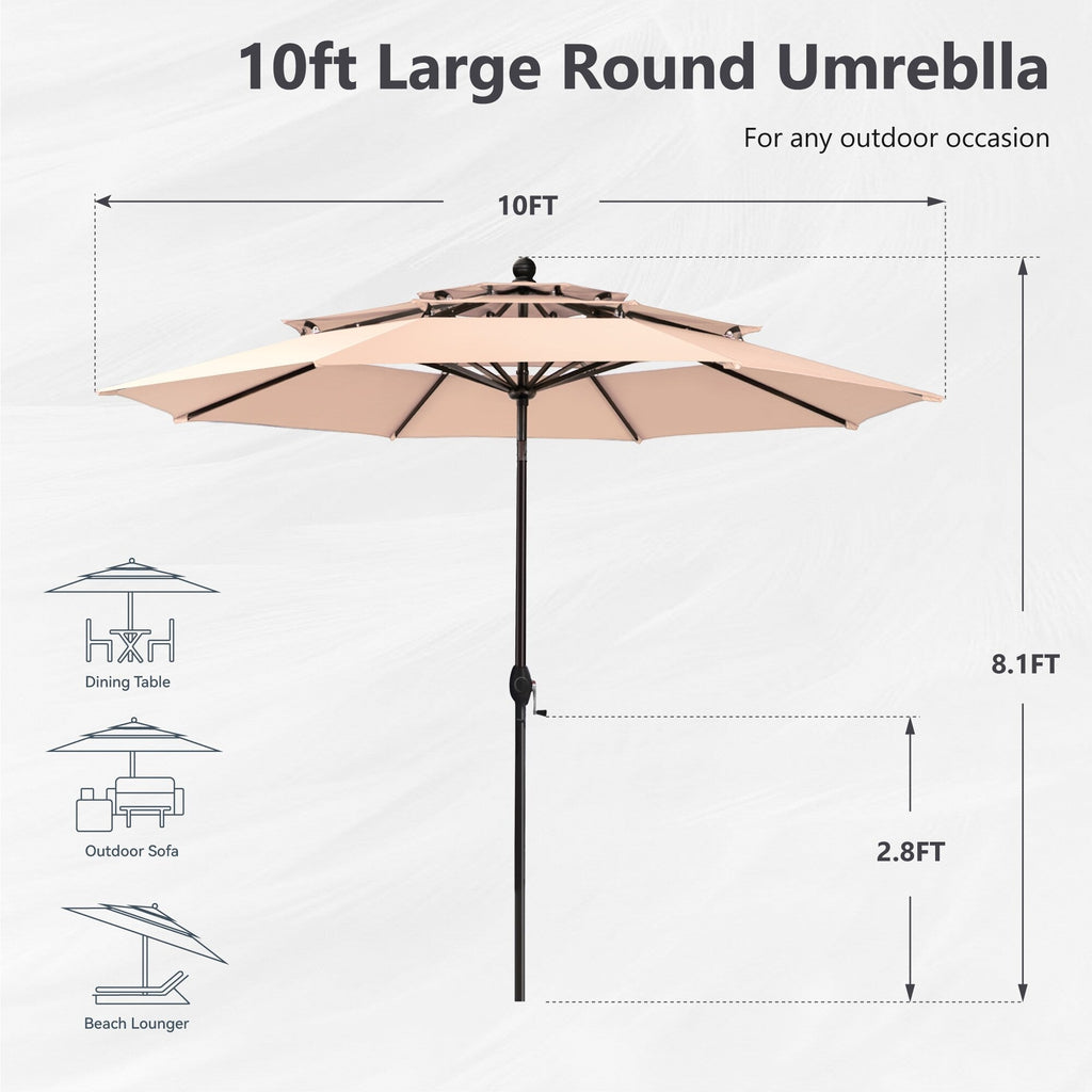 Parasol d'extérieur à 3 niveaux de 10 pieds de MAISON ARTS, compatible avec la plupart des tables de patio avec ventilation, inclinaison automatique et manivelle de levage