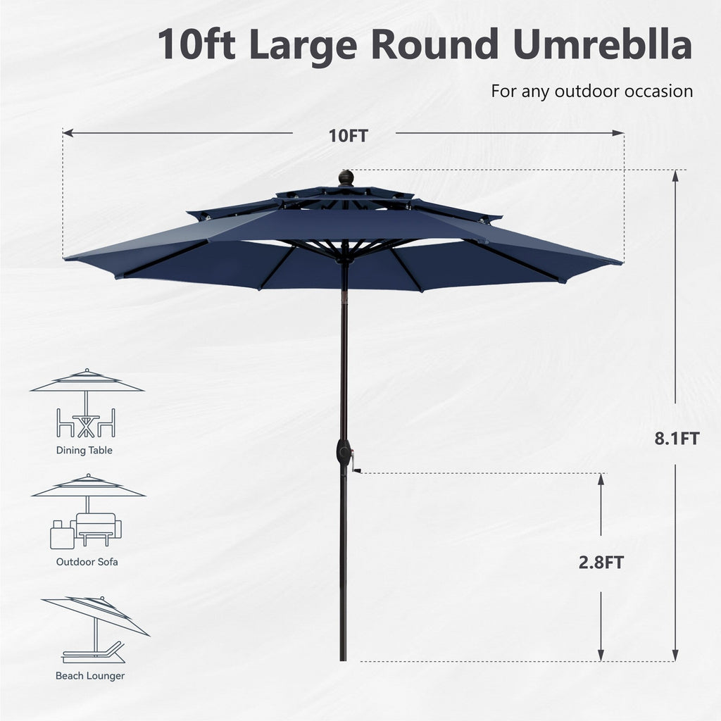 Parasol d'extérieur à 3 niveaux de 10 pieds de MAISON ARTS, compatible avec la plupart des tables de patio avec ventilation, inclinaison automatique et manivelle de levage