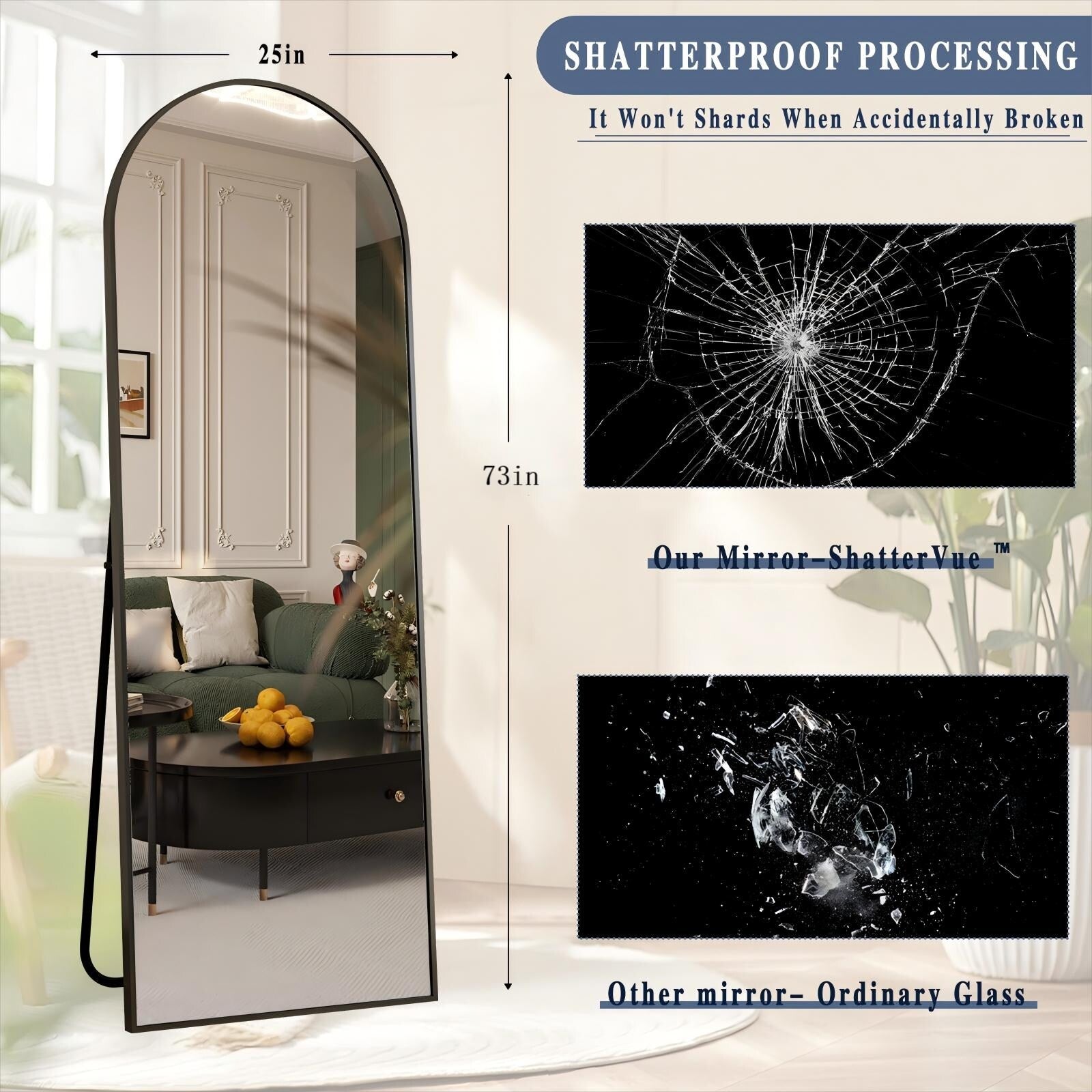 Miroir mural en forme d'arche en métal sur toute la longueur