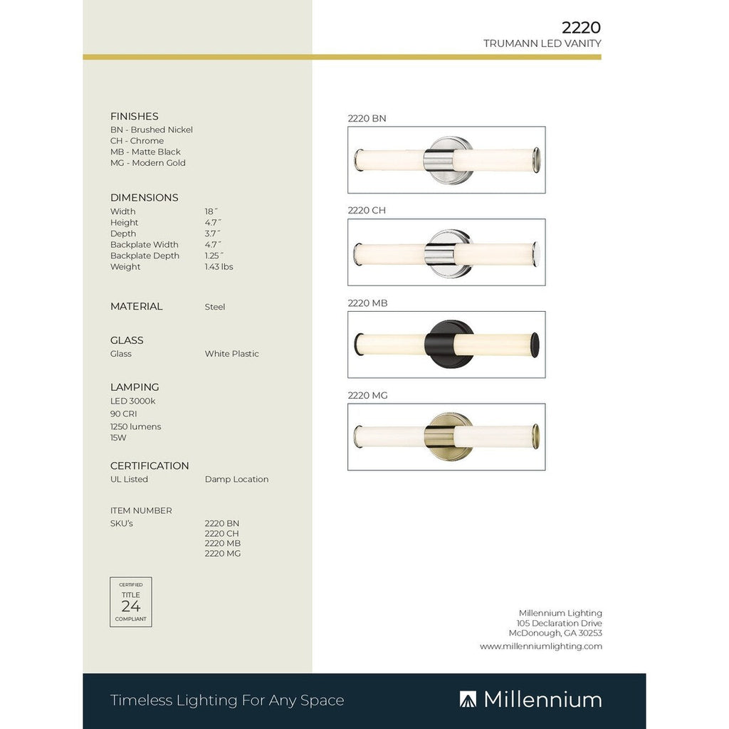 Luminaire de salle de bain à LED Truman de Millennium Lighting, disponible en plusieurs finitions