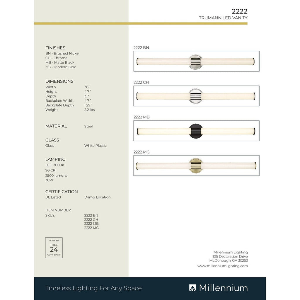 Luminaire de salle de bain à LED Truman de Millennium Lighting, disponible en plusieurs finitions
