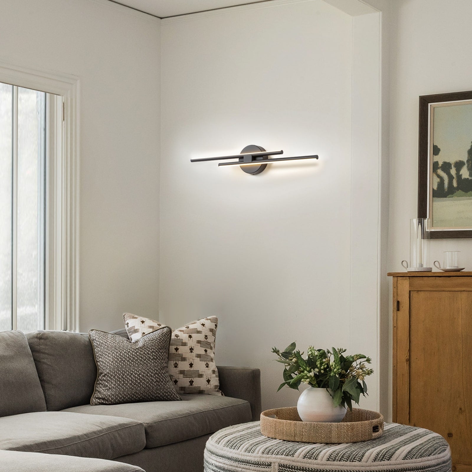 Applique murale linéaire minimaliste en métal à 2 lumières à LED et intensité variable