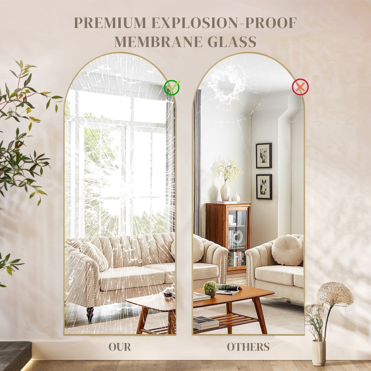 Miroir mural pleine longueur avec verre incassable, à poser au sol pour chambre à coucher ou vestiaire