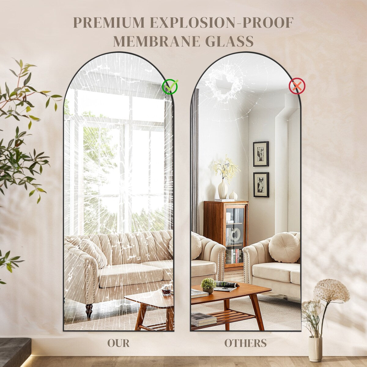 Miroir mural pleine longueur avec verre incassable, à poser au sol pour chambre à coucher ou vestiaire