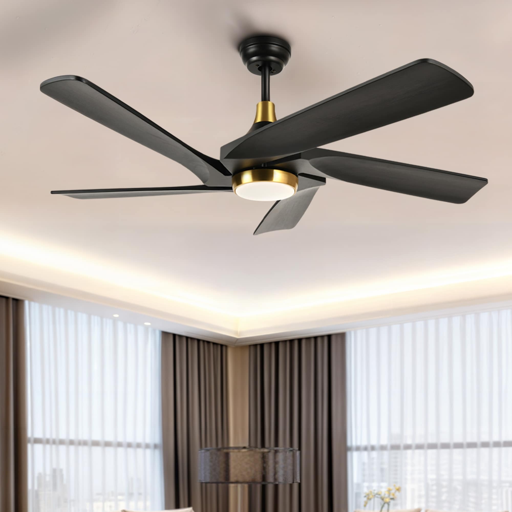 Ventilateur de plafond moderne Moasis 52 avec télécommande et lumières, 5 pales en bois massif