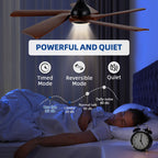 Ventilateur de plafond moderne Moasis 52 avec télécommande et lumières, 5 pales en bois massif