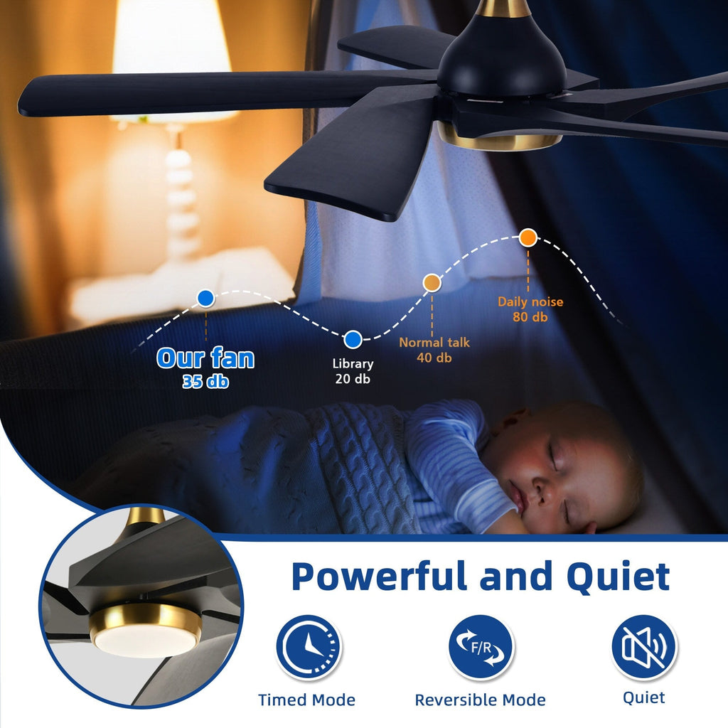 Ventilateur de plafond moderne Moasis 52 avec télécommande et lumières, 5 pales en bois massif