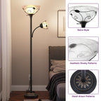 Lampadaire torchère traditionnel Moasis 71 avec lampe de lecture réglable, abat-jour en verre albâtre - 71H