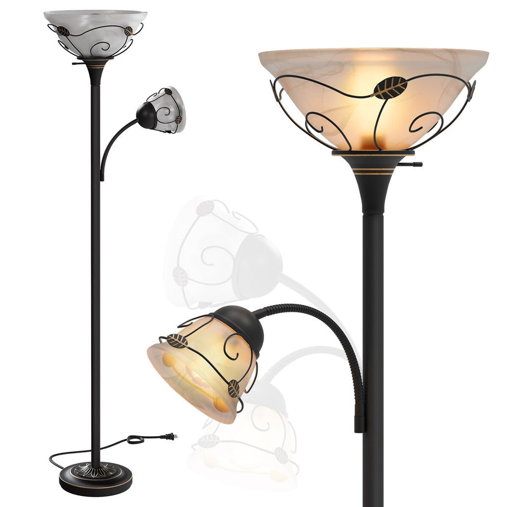 Lampadaire torchère traditionnel Moasis 71 avec lampe de lecture réglable, abat-jour en verre albâtre - 71H