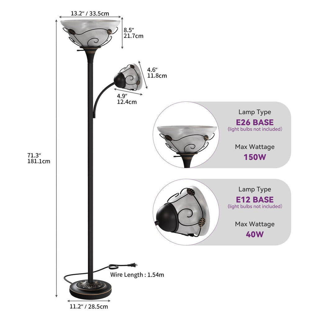 Lampadaire torchère traditionnel Moasis 71 avec lampe de lecture réglable, abat-jour en verre albâtre - 71H