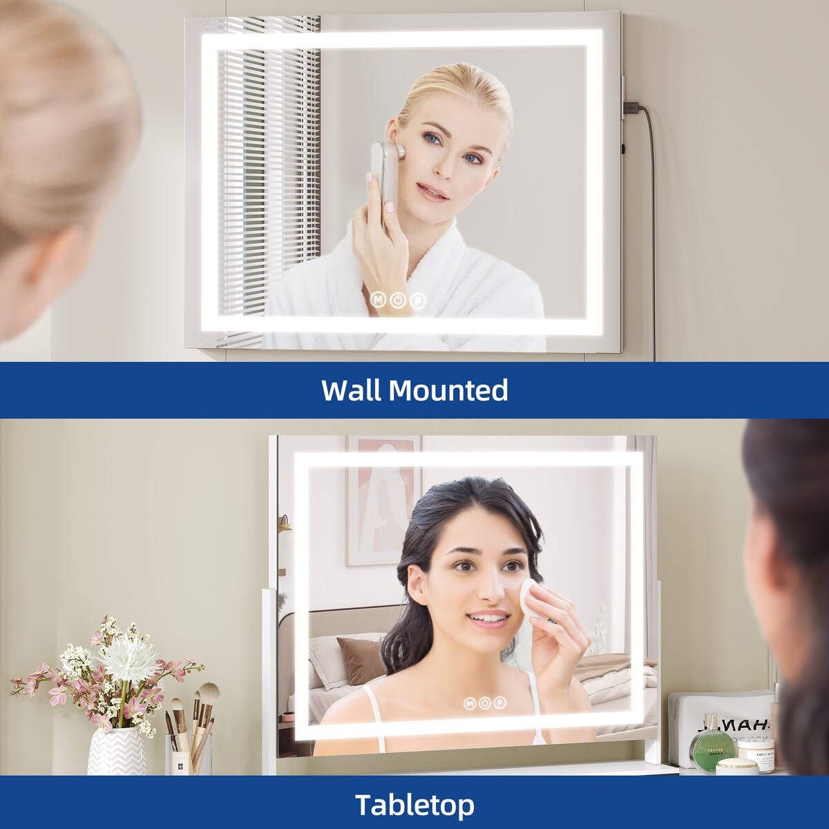 Miroir de maquillage Moasis avec éclairage LED, port de chargement USB, grossissement x10, haut-parleur Bluetooth