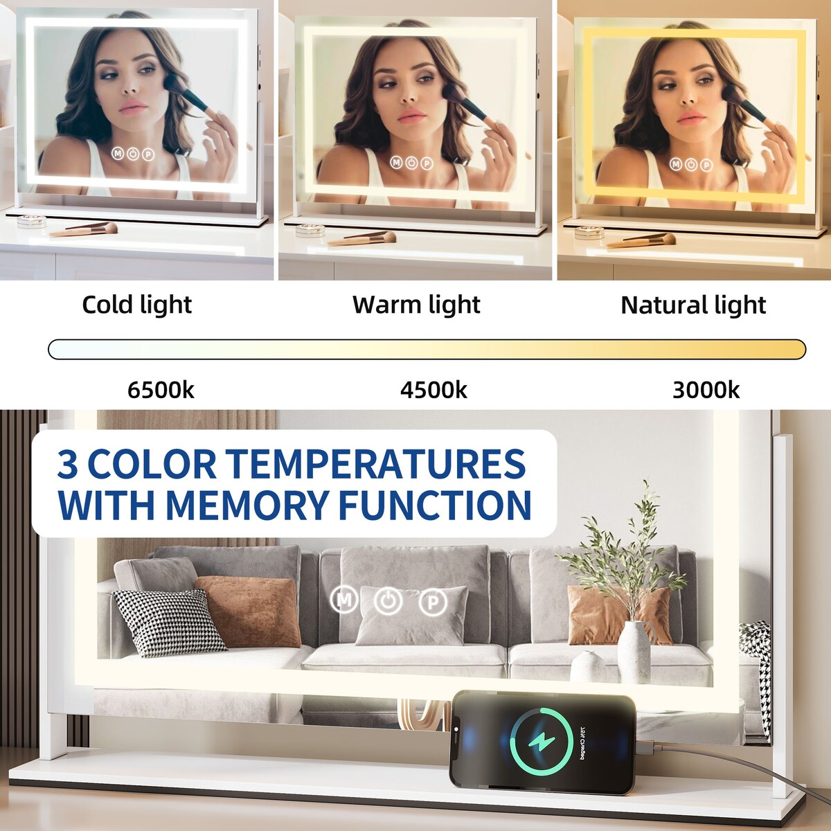 Miroir de maquillage Moasis avec éclairage LED, port de chargement USB, grossissement x10, haut-parleur Bluetooth