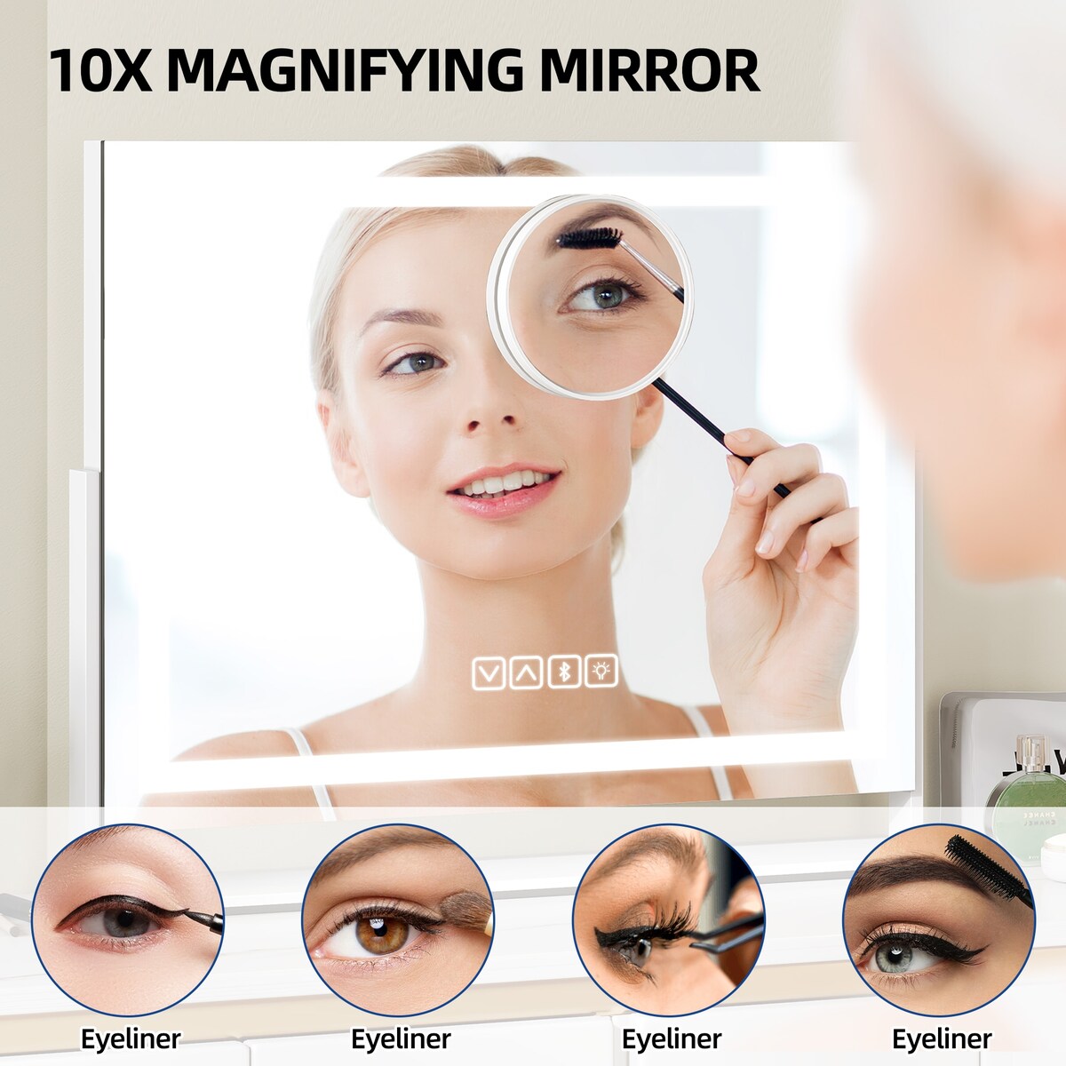 Miroir de maquillage Moasis avec éclairage LED, port de chargement USB, grossissement x10, haut-parleur Bluetooth