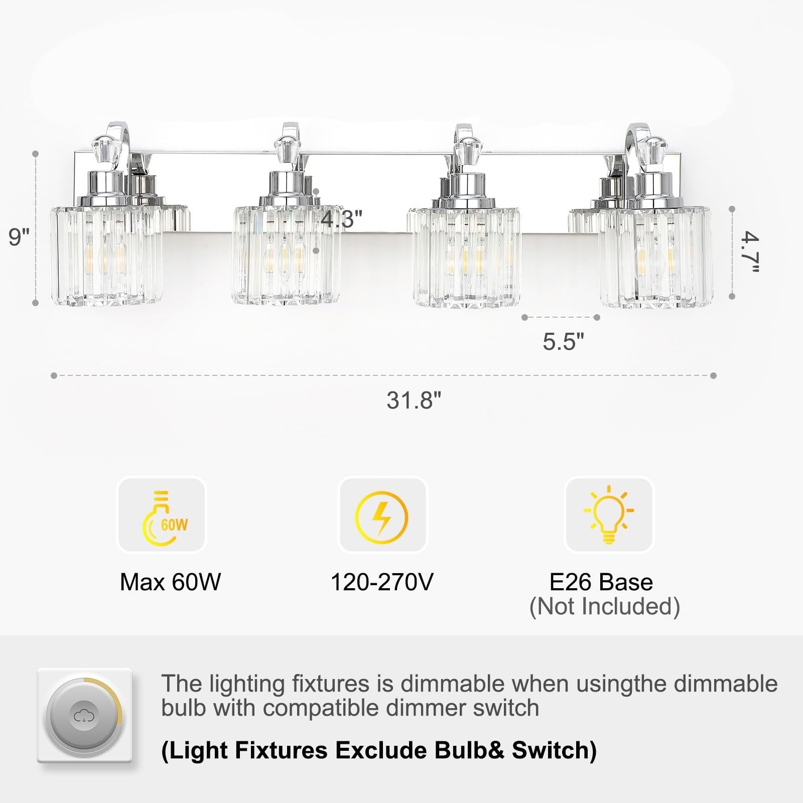 Appliques murales à intensité variable pour salle de bain en cristal moderne
